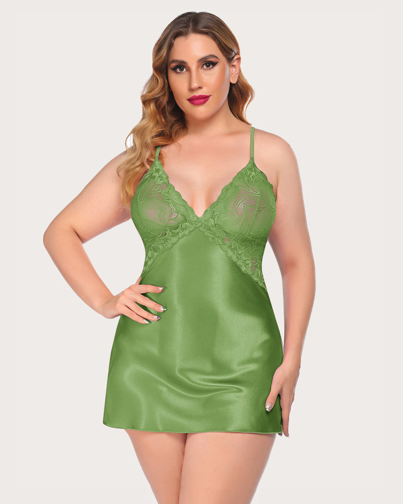Green satin nightdress with lace cups and adjustable straps. Avidlove lingerie for confidence.