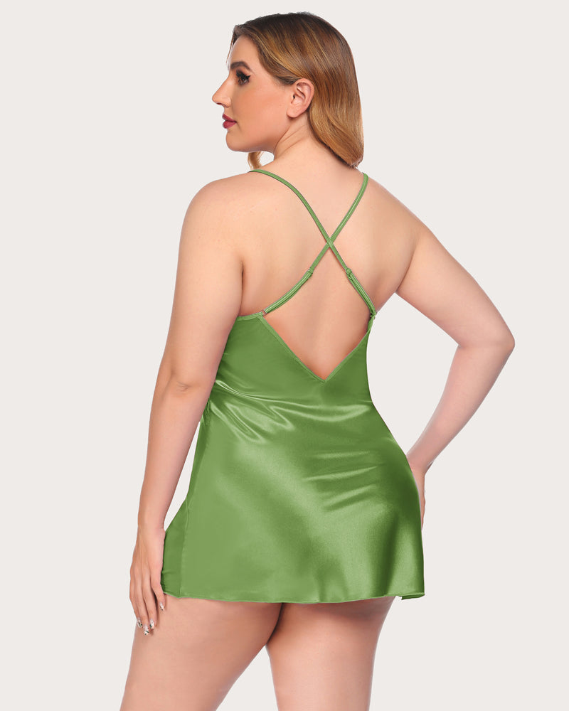 Sage green satin lingerie V-neck dress with adjustable straps and low back. Sexy nightgown.