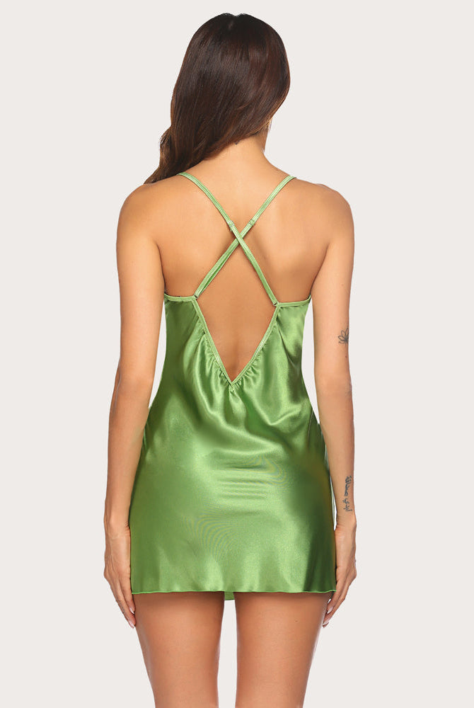 Green satin nightdress with adjustable straps and low back detail, elegant lingerie for confidence