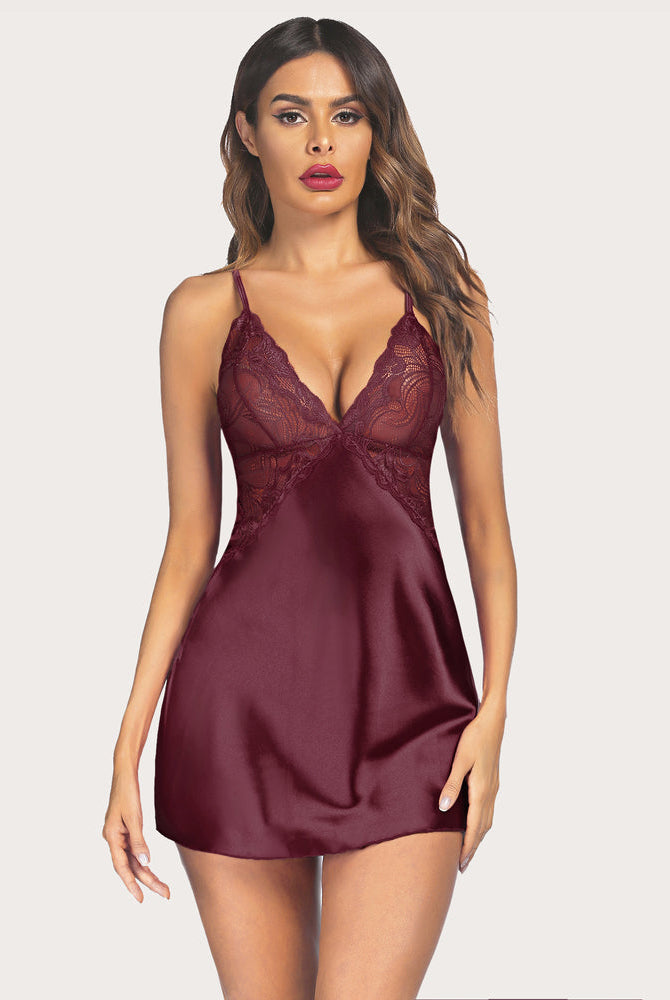 Burgundy plus size satin sleepwear with lace cups and adjustable straps. Silky and elegant design.