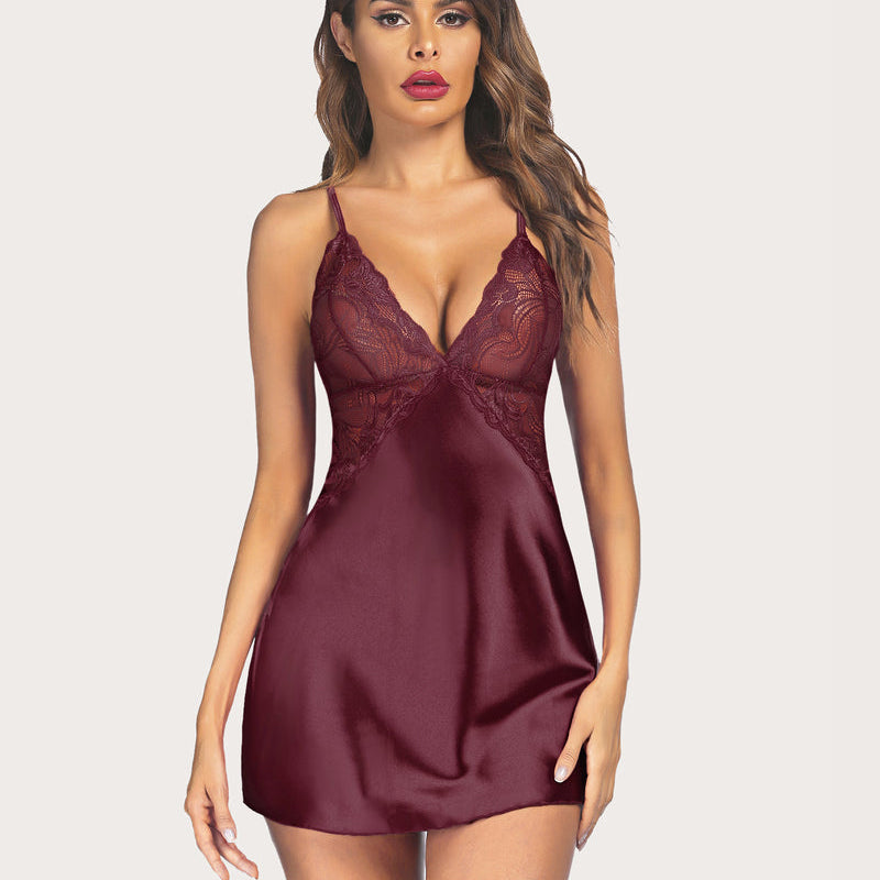 Burgundy plus size satin sleepwear with lace cups and adjustable straps. Silky and elegant design.