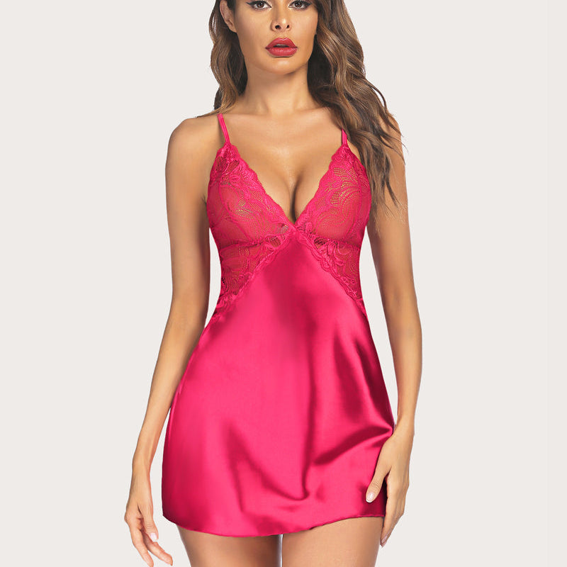 Fuchsia satin nightdress with lace cups and adjustable straps, feminine lingerie for confidence.