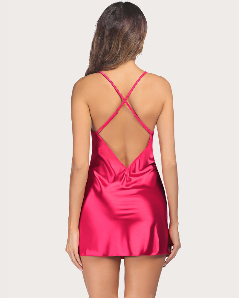 Fuchsia satin sleep dress with adjustable straps and low back, sexy nightwear