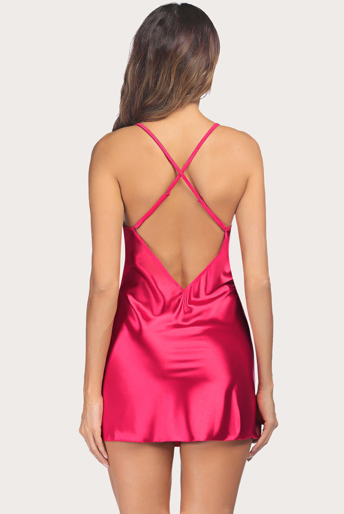 Fuchsia satin lingerie V-neck dress with adjustable straps and low back detail. Sexy nightgown.