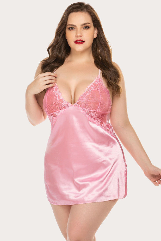 Plus Size Pink Satin Sleepwear with Lace Cups and Adjustable Straps