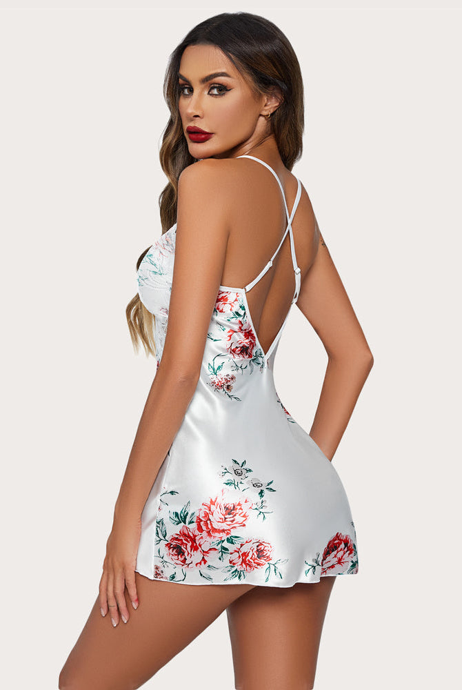 White floral satin lingerie dress with lace detail. Sexy, confidence-boosting lingerie from Avidlove