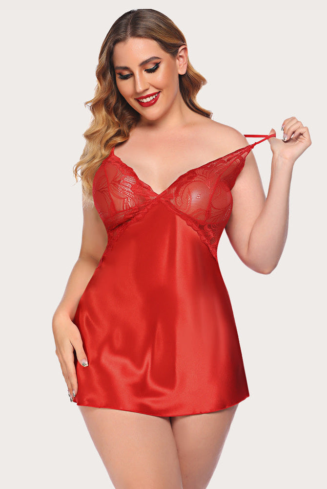 Plus Size V Neck Red Satin Sleepwear with Lace Cups, Adjustable Straps