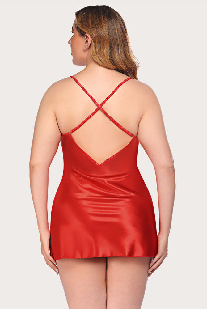 Plus Size Red Satin Sleepwear with V-Neck and Adjustable Straps, Back View