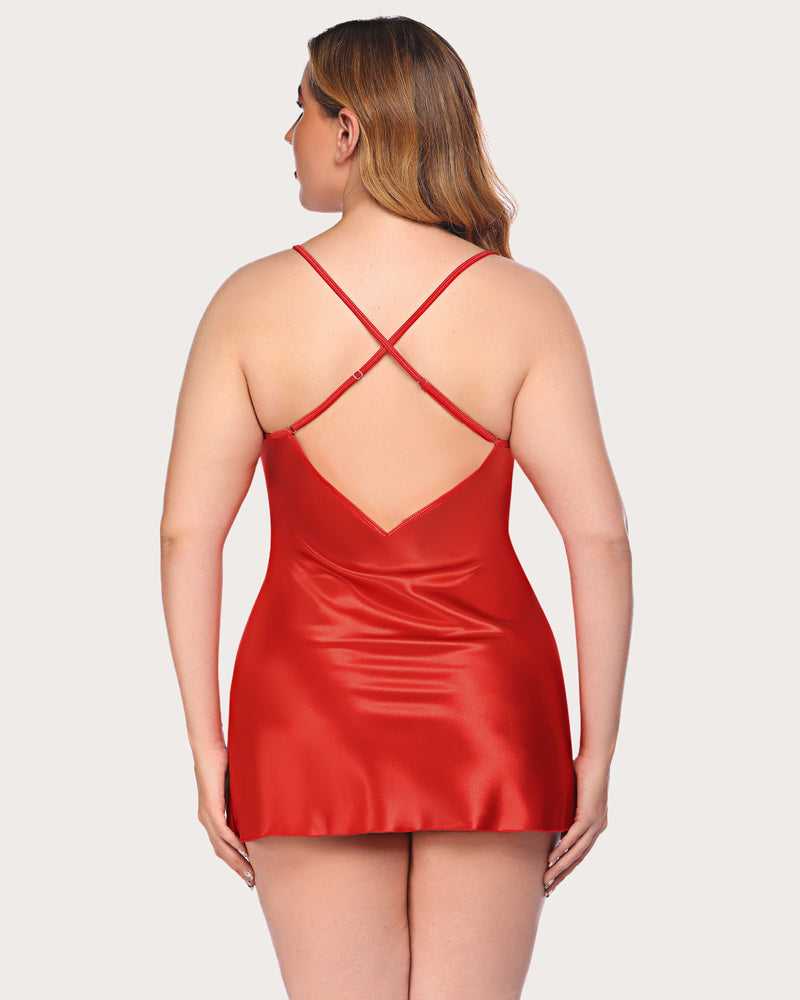 Plus Size Red Satin Sleepwear with V-Neck and Adjustable Straps, Back View