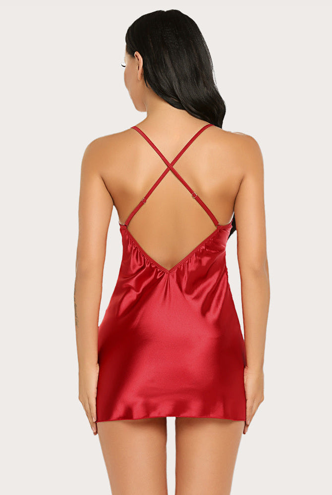 Plus Size Red Satin Sleepwear with Lace Cups, Back View, Adjustable Straps, V-Neck design