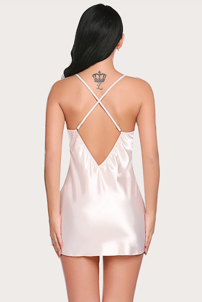 Blush pink satin nightdress with adjustable straps and low V-neck. Lightweight, silky nightwear.