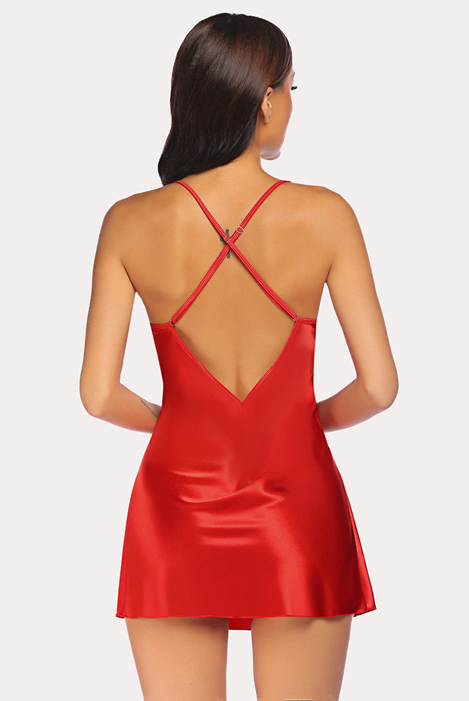 Red satin V-neck nightwear with delicate strap detailing, designed for sensual lines and confidence.