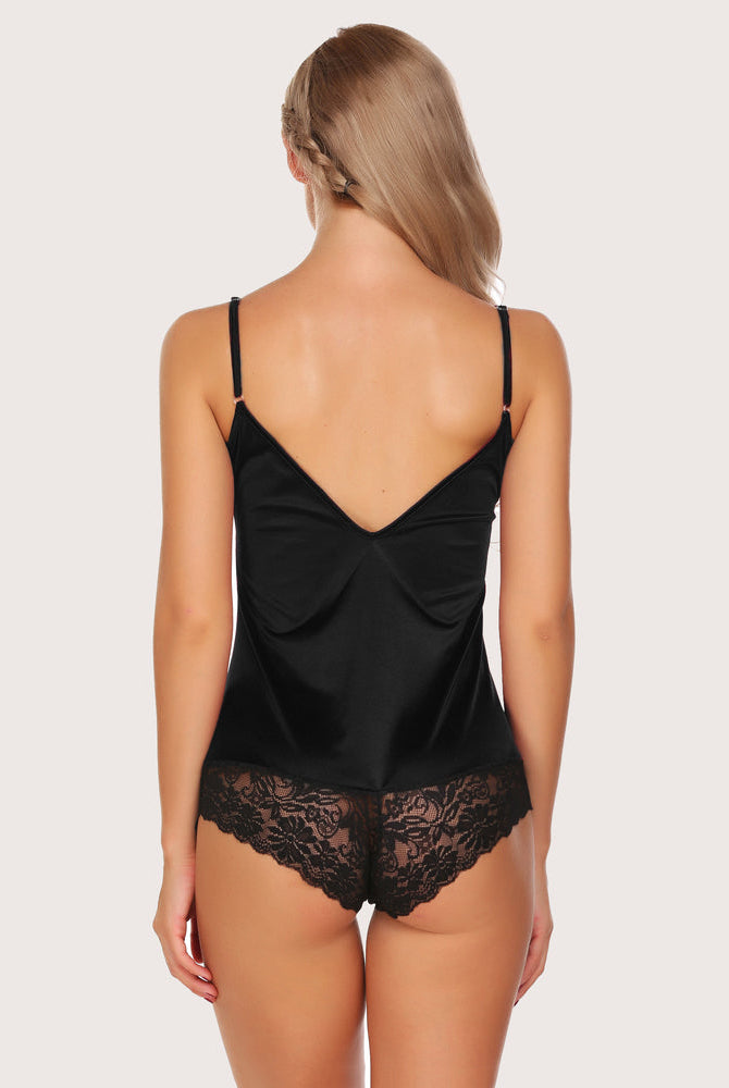 Black lace short pajama bodysuit with open-back V straps and lace-trim shorts
