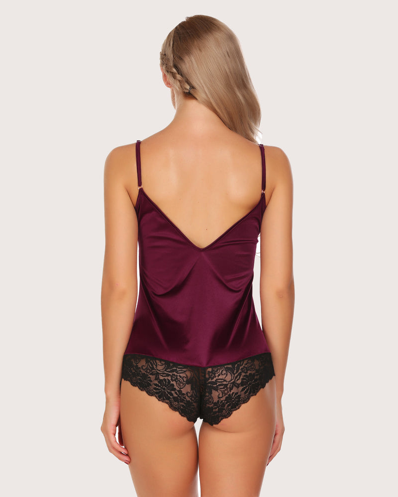 Burgundy satin bodysuit with black lace, adjustable straps, sexy nightwear for women.