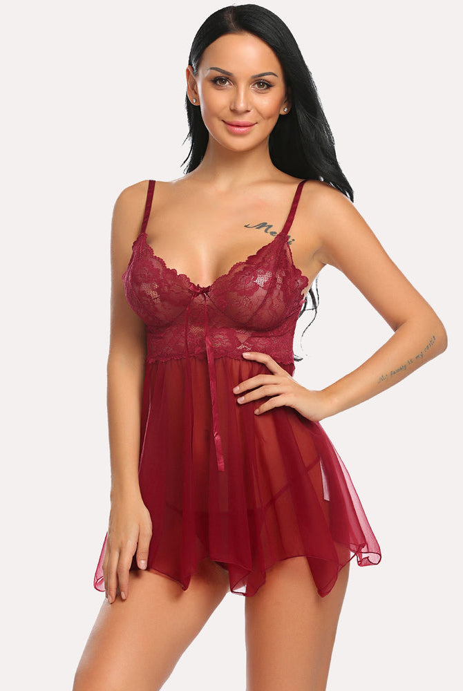 Burgundy babydoll lace nightgown with adjustable straps. Sexy lingerie for women.