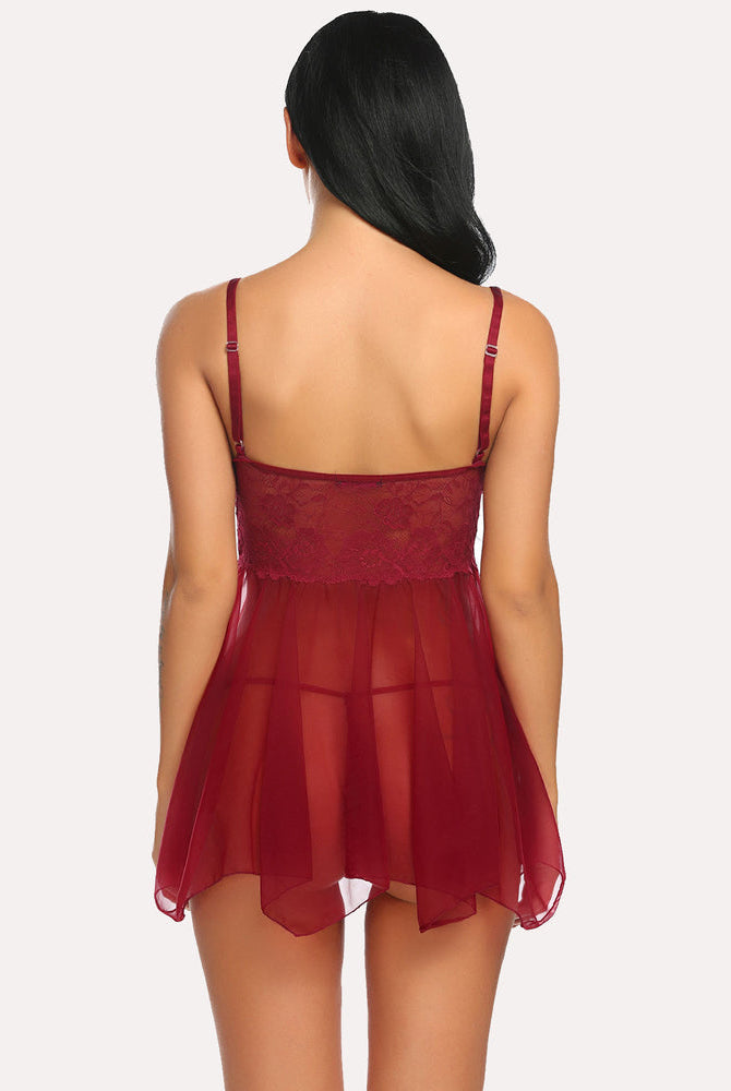 Burgundy babydoll nightgown with adjustable straps and lace cups. Sexy lingerie for women.