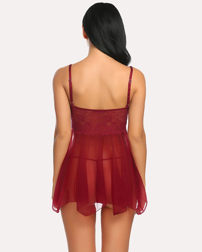 Burgundy babydoll nightgown with adjustable straps and lace cups. Sexy lingerie for women.