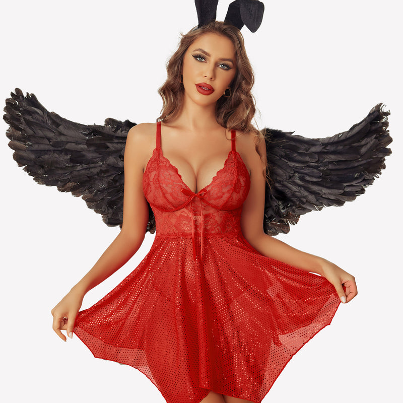 Red babydoll lingerie with bunny ears and black angel wings. Sexy lingerie for women.