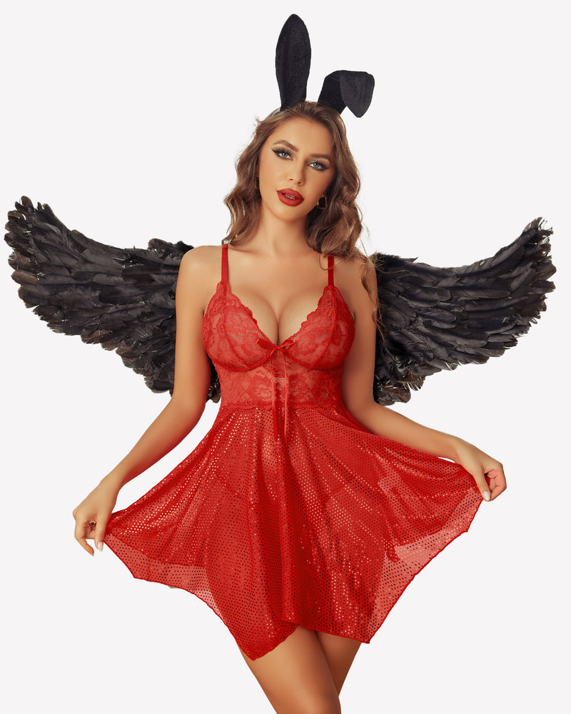 Red babydoll lingerie with bunny ears and black angel wings. Sexy lingerie for women.