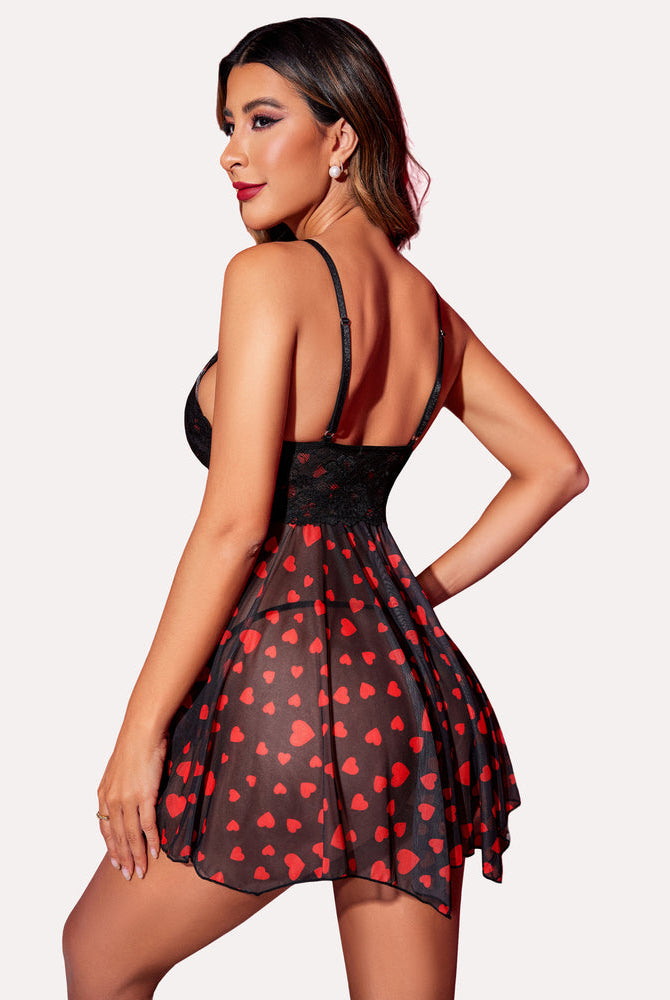 Avidlove babydoll lingerie with heart print, black lace nighty with mesh skirt for women