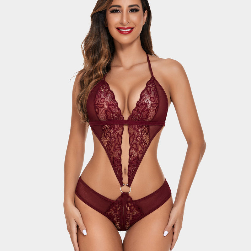Burgundy deep V halter teddy lingerie with floral lace, hook closure, and metal ring detail