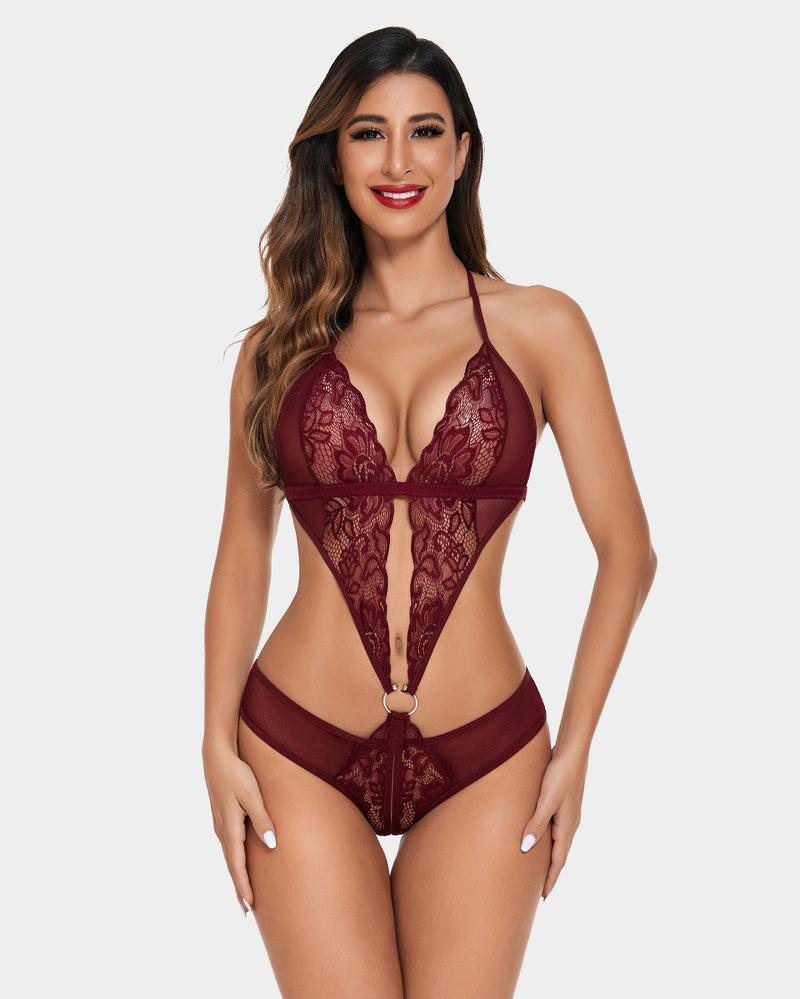 Burgundy deep V halter teddy lingerie with floral lace, hook closure, and metal ring detail