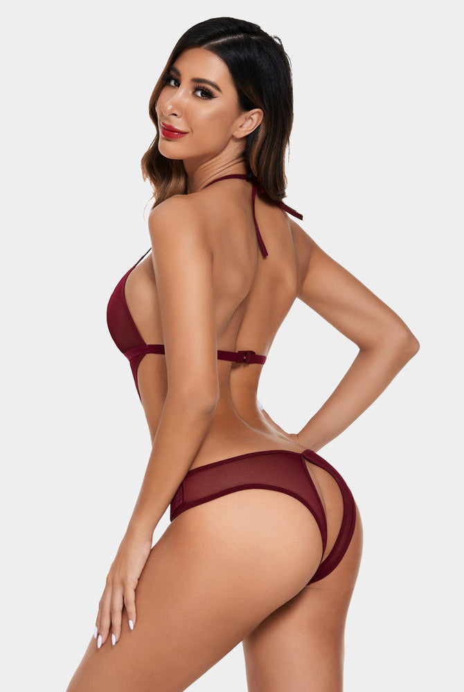 Burgundy deep V teddy lingerie with halter neck and open back panty, Avidlove design, sheer fabric