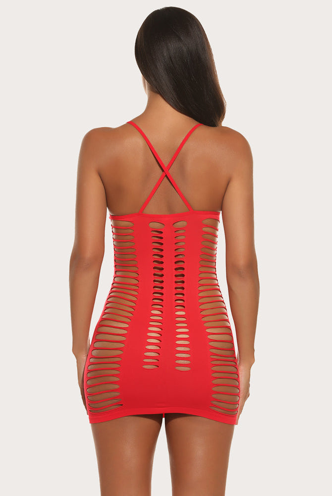 Red fishnet chemise dress with X-back straps and vertical cutout stripes, short bodycon