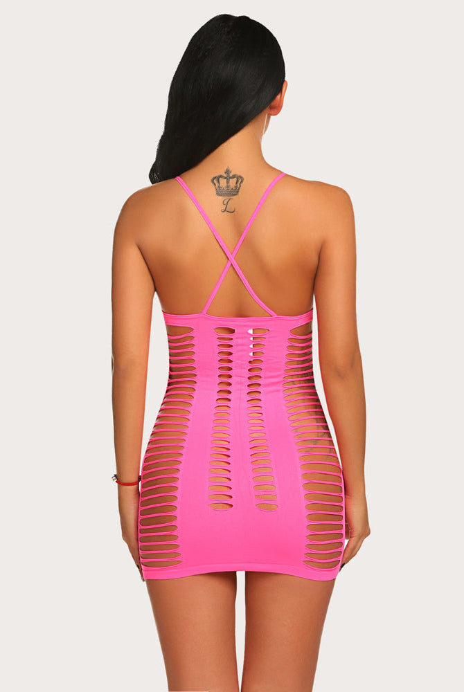 Pink mesh chemise mini dress, open-back crisscross straps and cut-out stripe pattern