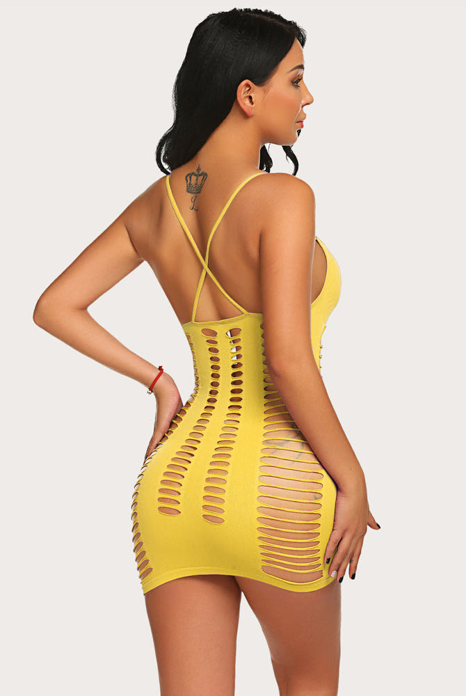 Yellow mesh chemise mini dress, open-back crisscross straps and cut-out stripe pattern