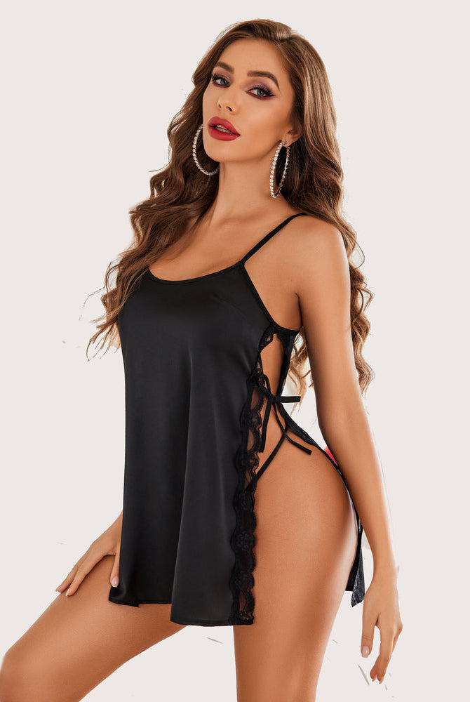 Black satin chemise with lace trim, adjustable straps, and side slit nightwear