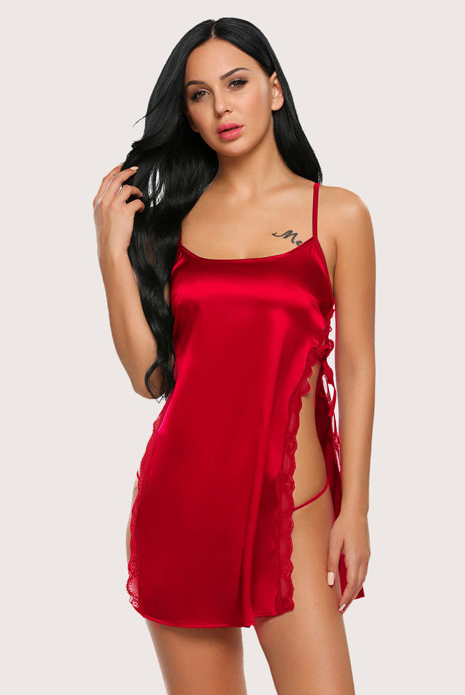 Avidlove Red Satin Chemise with Lace Trim & Side Slit Lingerie