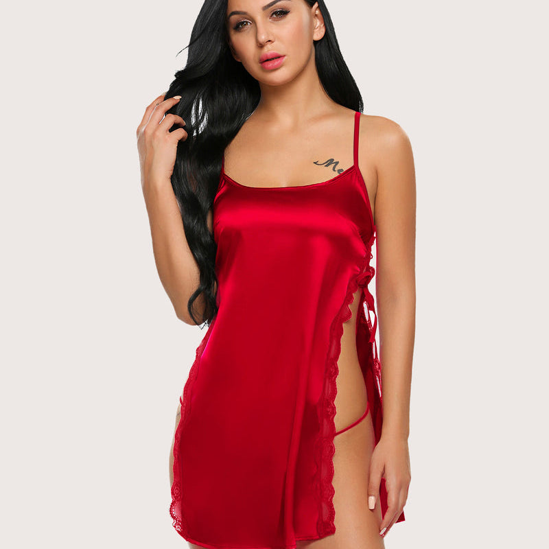 Avidlove Red Satin Chemise with Lace Trim & Side Slit Lingerie