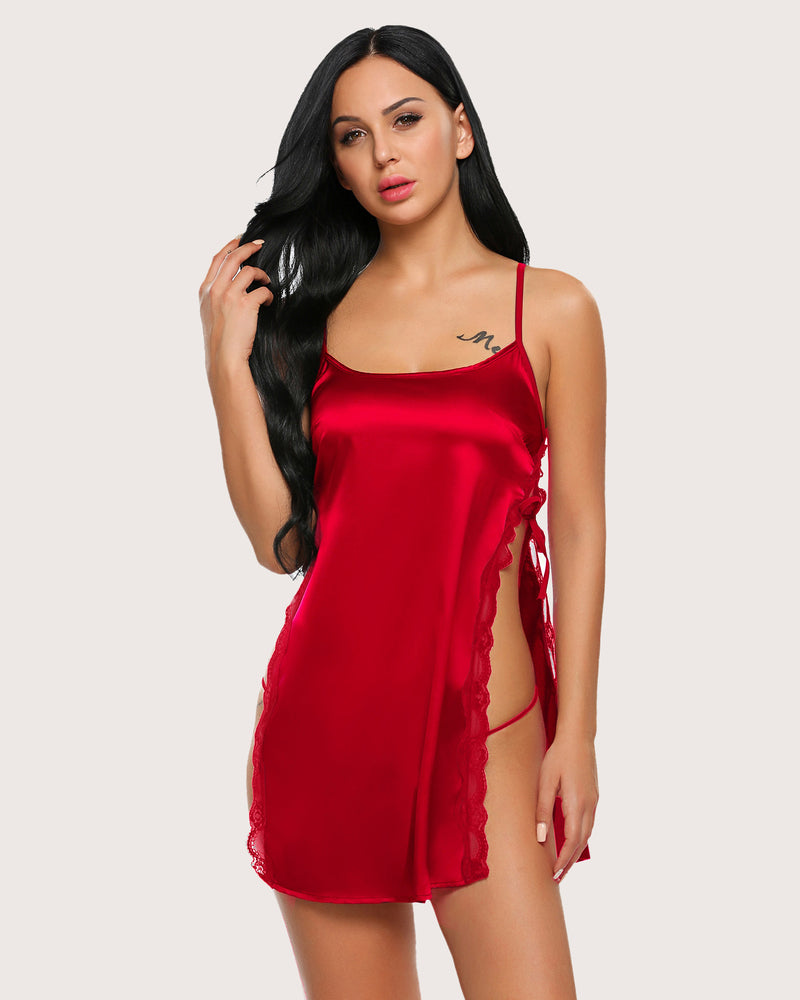 Avidlove Red Satin Chemise with Lace Trim & Side Slit Lingerie