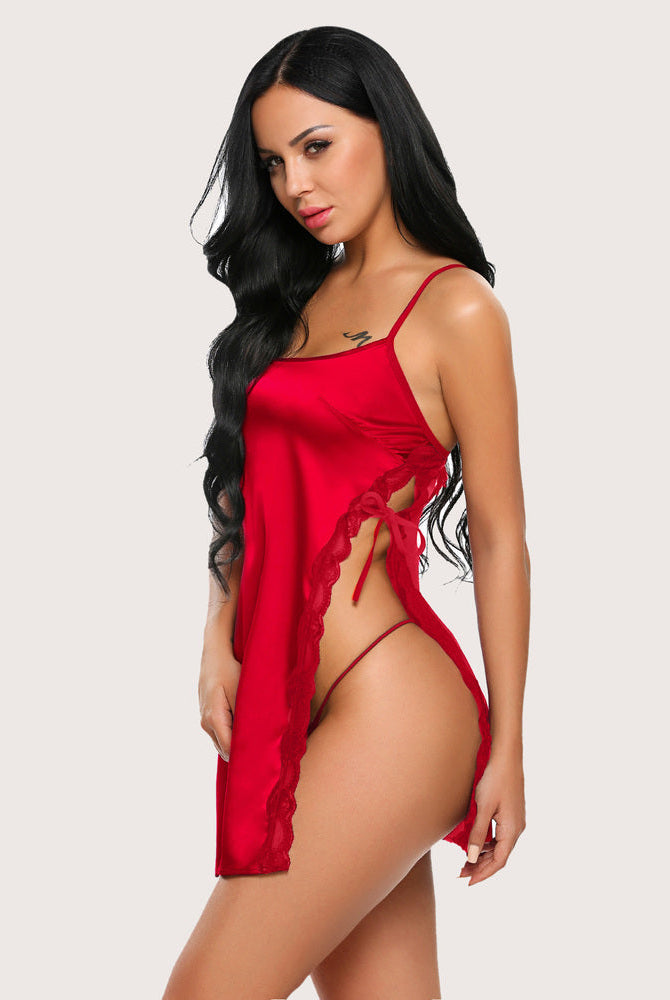 Red satin chemise with lace trim and side slit, elegant nightwear for women.
