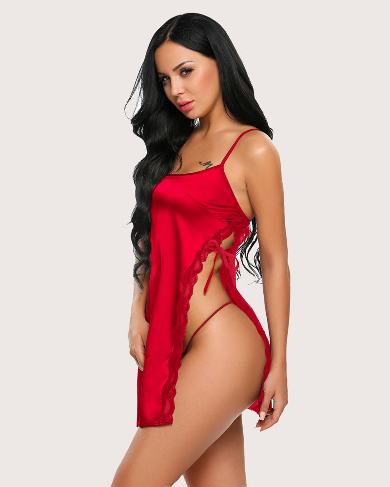 Red satin chemise with lace trim and side slit, elegant nightwear for women.