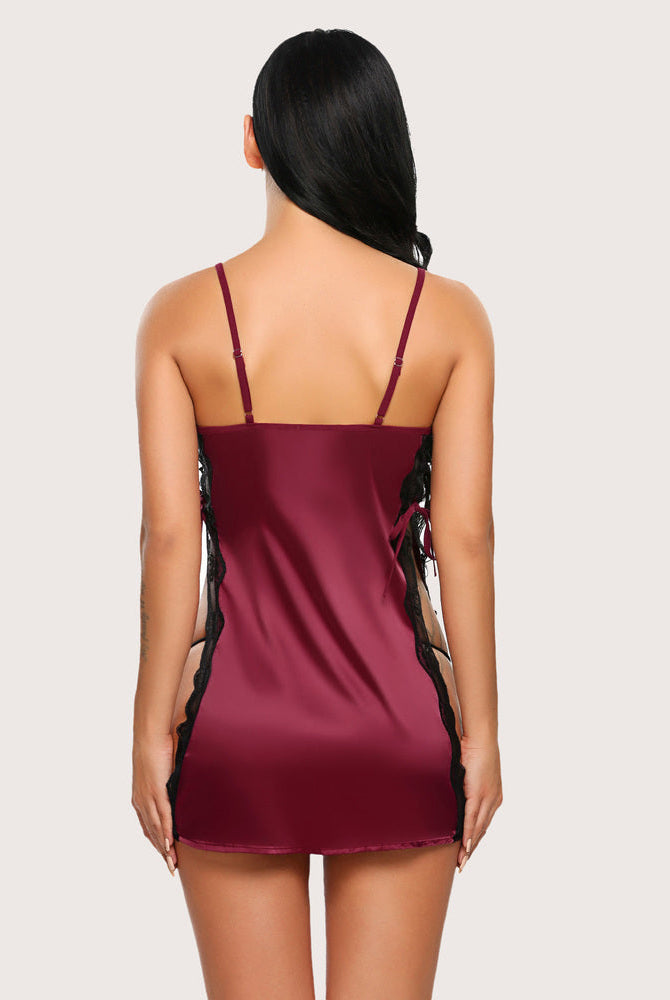 Burgundy satin chemise with black lace trim, adjustable straps, and side slit nightwear.