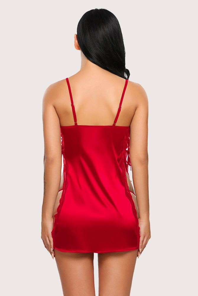 Red satin chemise with lace trim, adjustable straps, and side slit, Avidlove nightwear.