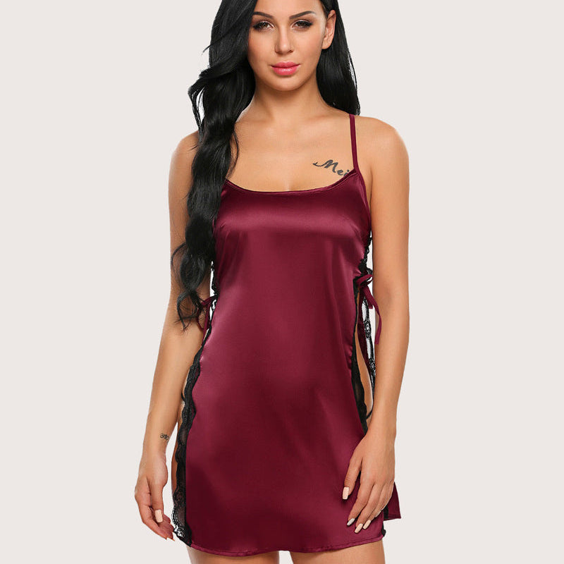 Burgundy satin chemise with lace trim, adjustable straps and side slit nightwear from Avidlove
