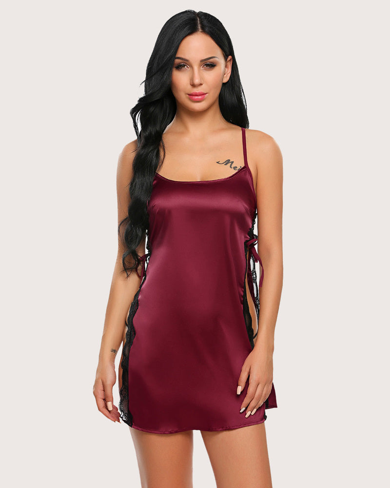 Maroon satin side slit babydoll nightgown with lace trim by Avidlove, model in lingerie.