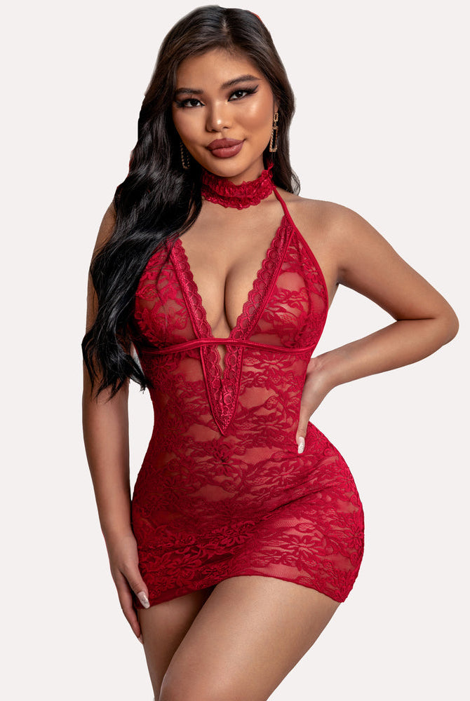 Ruby red lace chemise halter dress with keyhole, choker and floral lace details, Avidlove lingerie
