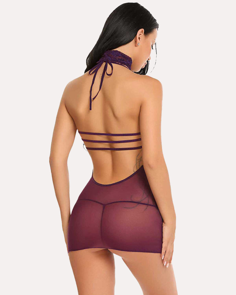 Burgundy halter chemise dress with choker, open back. Sexy lingerie with G-string.