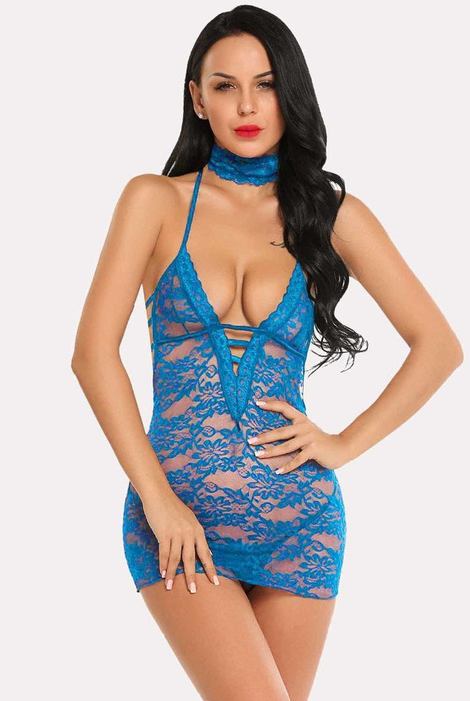 Turquoise lace halter chemise dress with keyhole, choker and floral lace, Avidlove lingerie