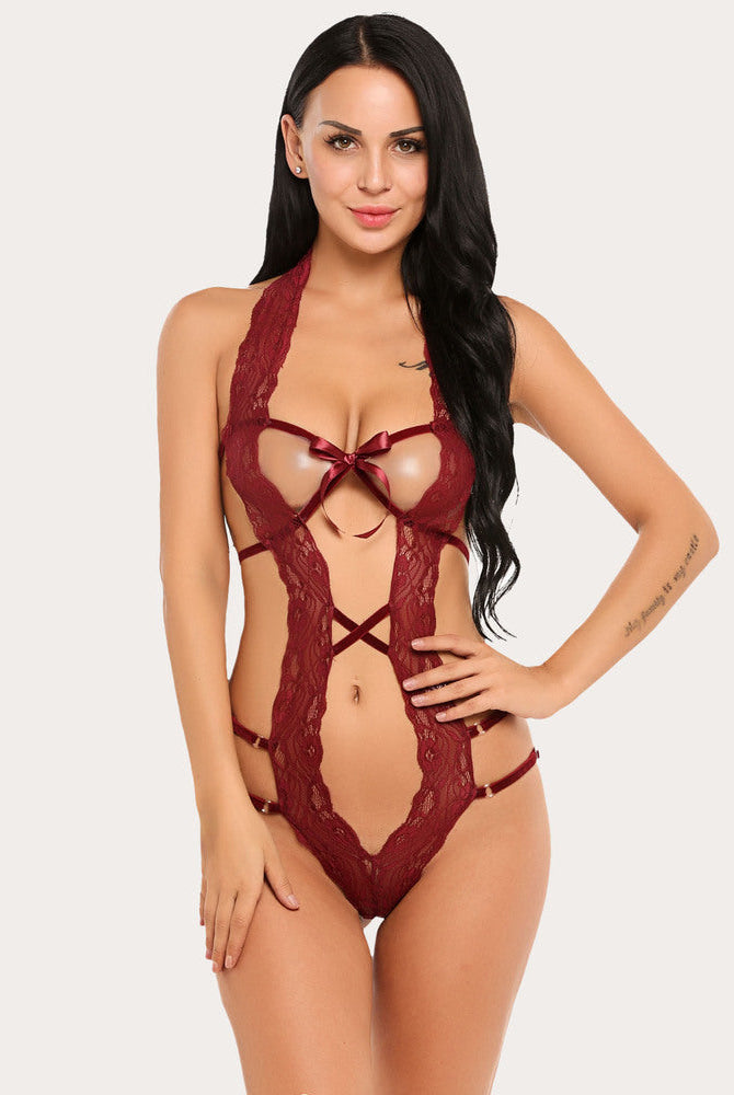 Burgundy lace halter bodysuit with deep V-neck and bow details. Sexy lingerie.