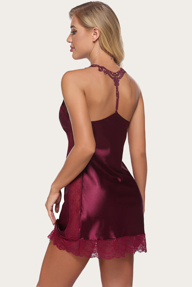 Burgundy satin sleepdress with lace trim, adjustable straps, bridal lingerie for comfort.