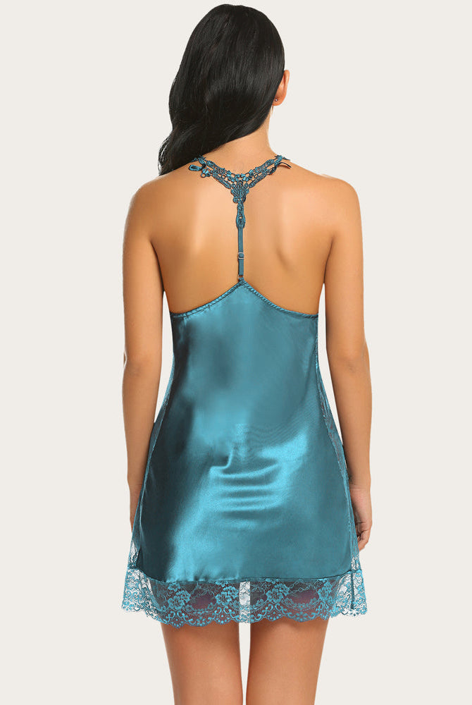 Teal satin sleepdress with lace trim and adjustable straps, bridal lingerie, perfect sleepwear.