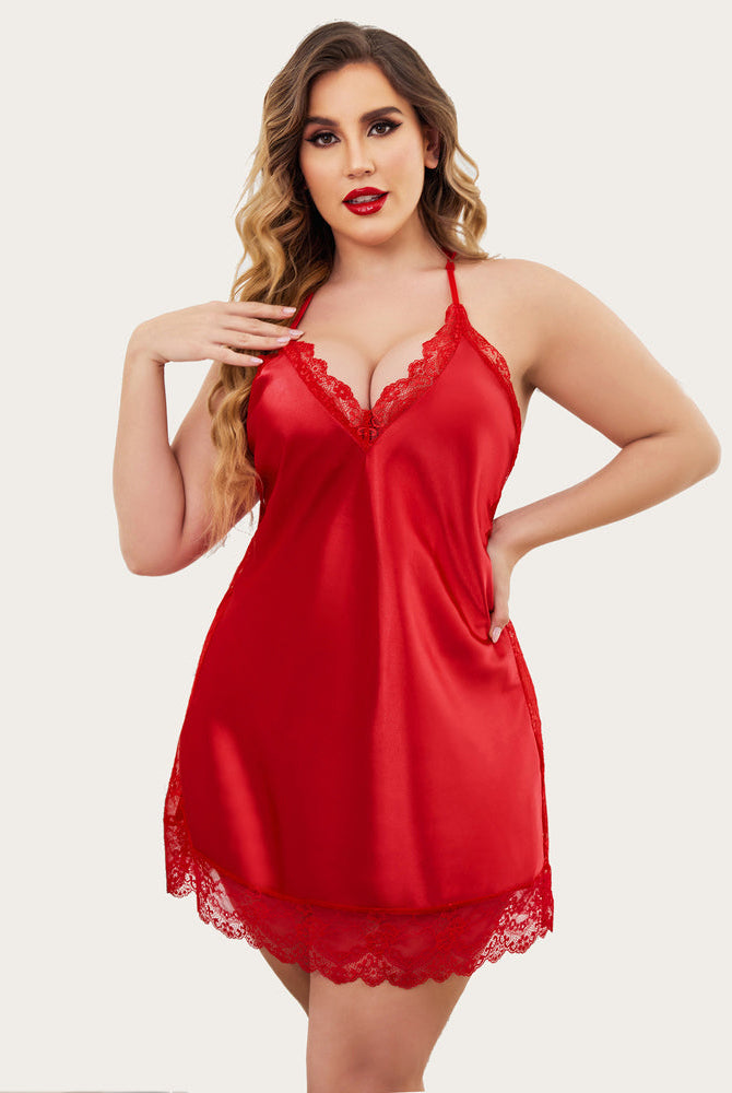 Plus Size Red Satin Lace Nightgown. Sexy sleepwear with adjustable straps for women.