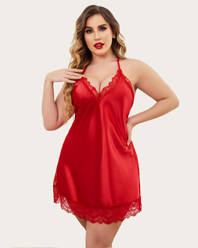 Plus Size Red Satin Lace Nightgown. Sexy sleepwear with adjustable straps for women.