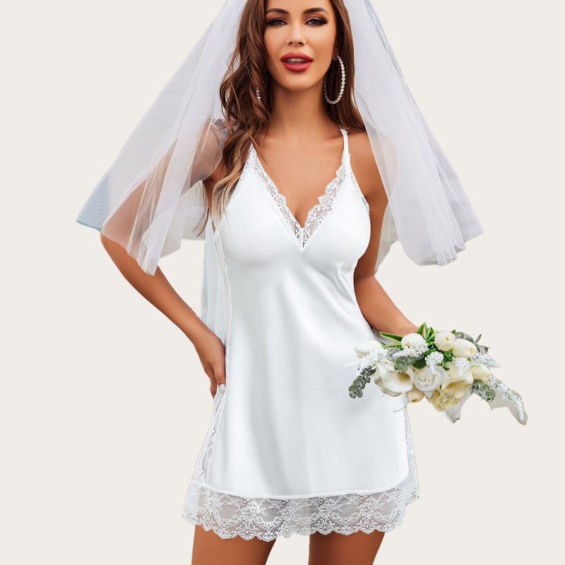 White satin bridal sleepwear with lace trim, a comfortable and sexy nightdress by Avidlove.
