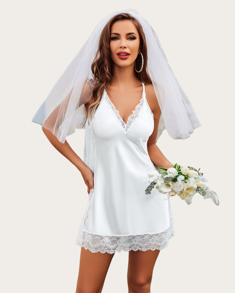 White satin bridal sleepwear with lace trim, a comfortable and sexy nightdress by Avidlove.